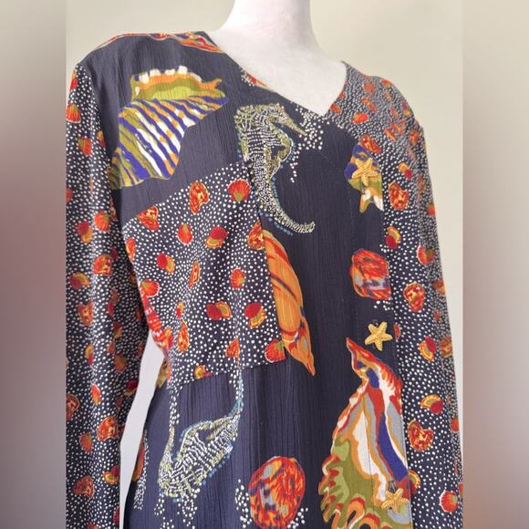 Vintage Y2K A.K.F. New York Ocean Print V-Neck Long Sleeve Button Down Blouse - Picture 4 of 8